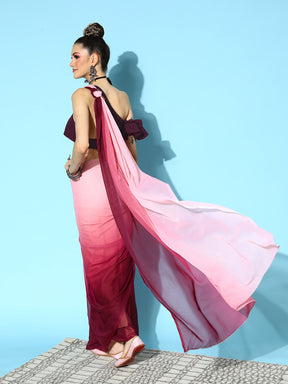 Pink & Burgundy Chiffon Saree