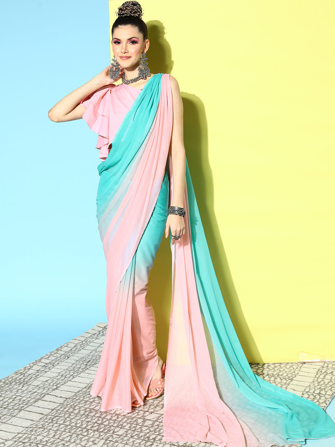 Pink Ombre Dyed Poly Chiffon Saree