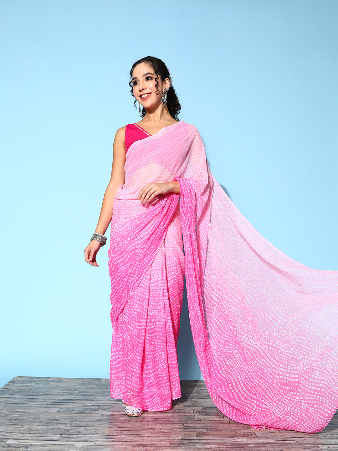 Pink Bandhani Printed Chiffon Saree