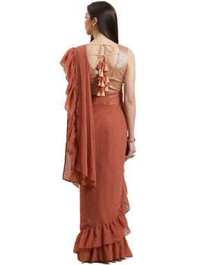 Rust Brown Woven Design Ruffled Ready to Wear Saree Set
