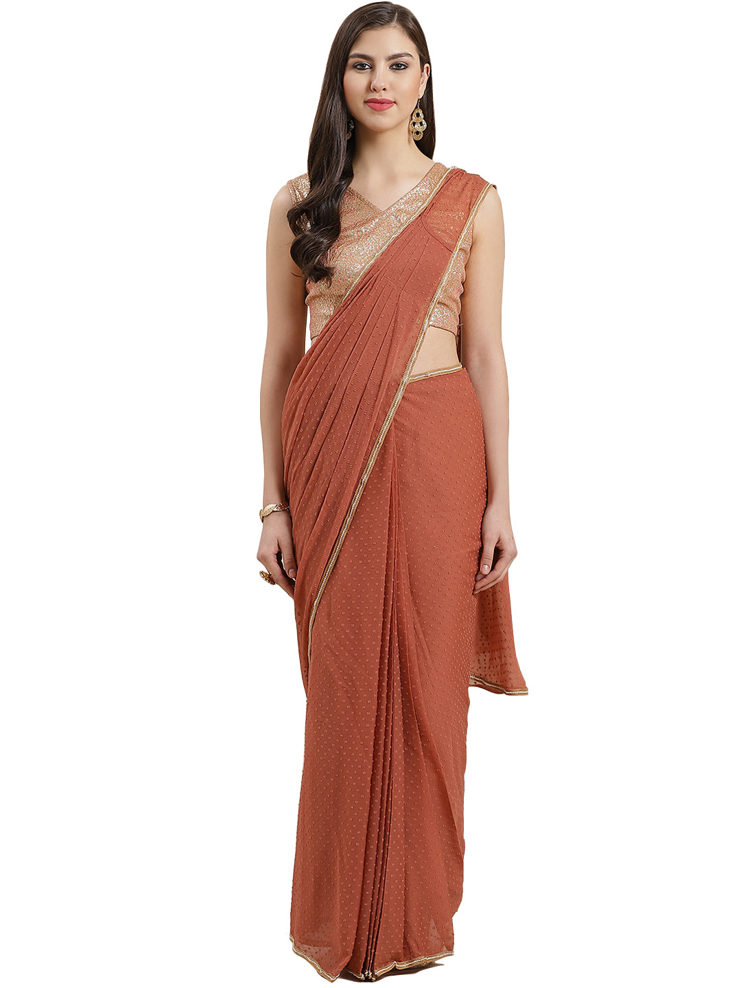 Rusty Brown Pleated Ready to Wear Saree Set