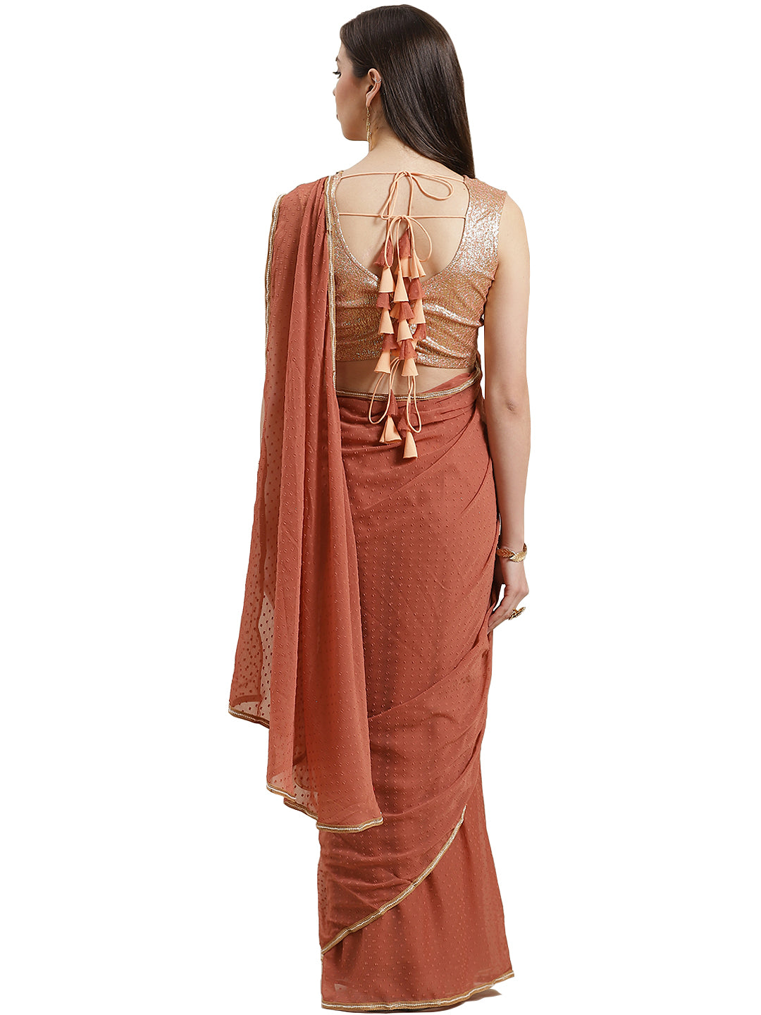Rusty Brown Pleated Ready to Wear Saree Set