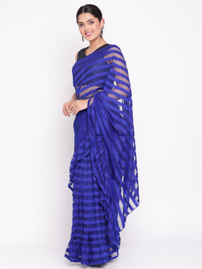 Blue & Black Striped Net Ready to Wear Saree Set (Without Blouse)