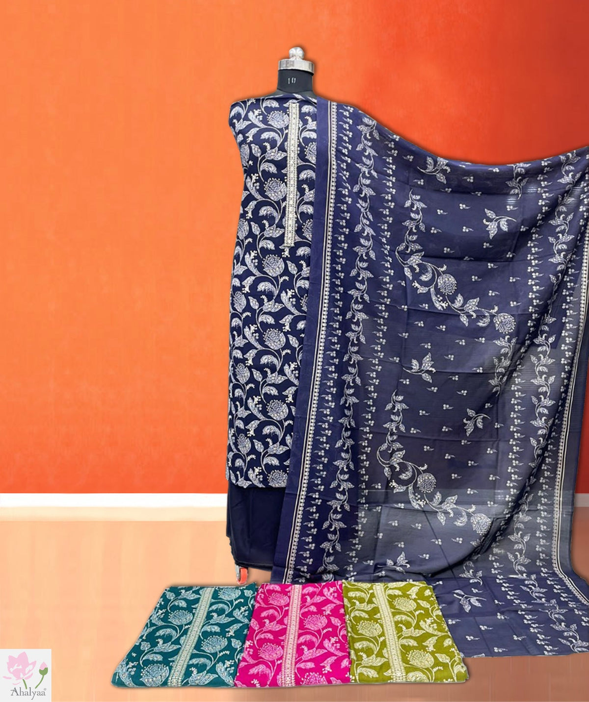 Navy Blue Pashmina Embroidery Unstitched Suits