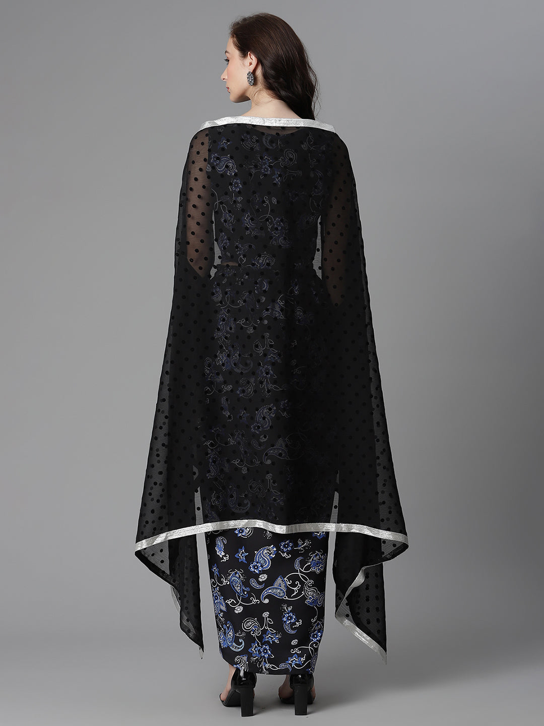 Black Digital Print Top Skirt With Shrug