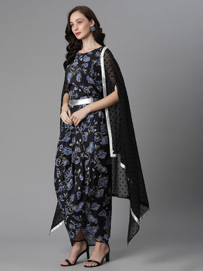 Ahalyaa Women's Black Crepe Digital Print Top Skirt With Shrug