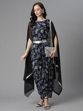 Ahalyaa Women's Black Crepe Digital Print Top Skirt With Shrug