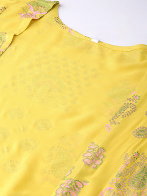 Yellow & Pink Printed Crop Top with Palazzos & Ethnic Jacket