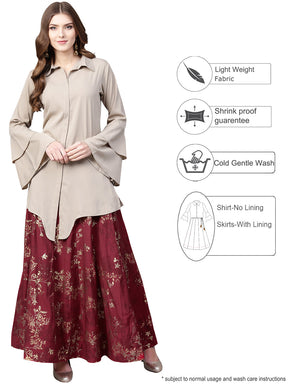 Beige & Maroon Shirt with Skirt Co-ord Set