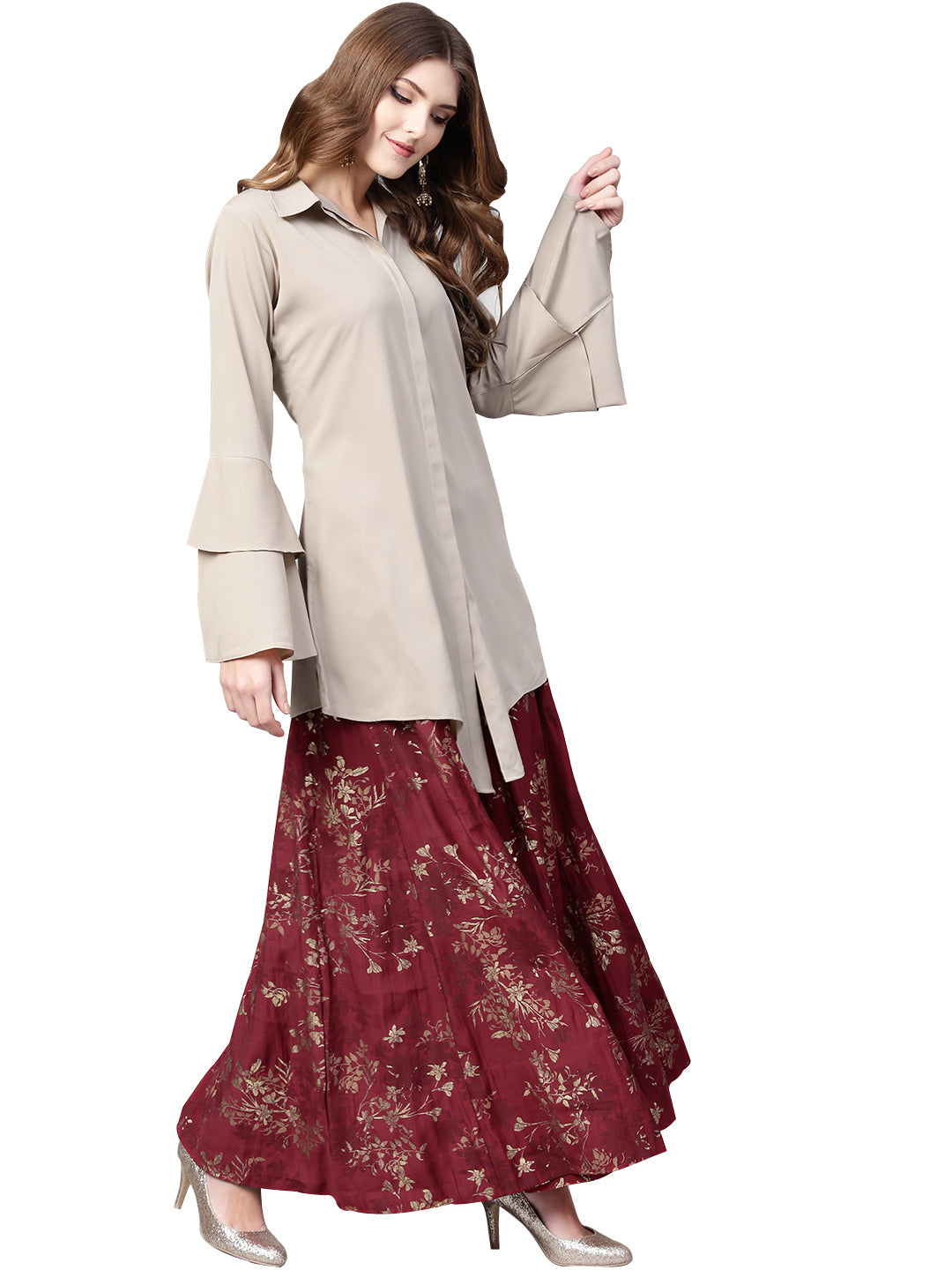 Beige & Maroon Shirt with Skirt Co-ord Set