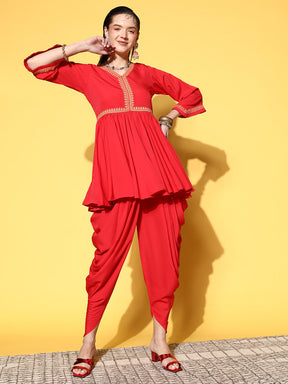 Red Pleated Gotta Patti Kurti with Dhoti Pants