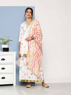 Women's White Floral Printed Pleated Sharara Set With Dupatta