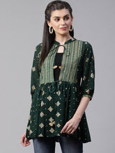 Green & Golden Printed Semi-Sheer Front-Open Kediya Tunic