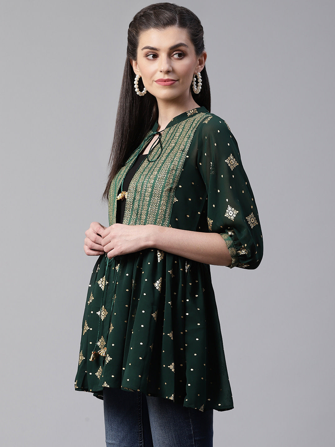 Women's Green & Golden Printed Semi-Sheer Front-Open Kediya Tunic