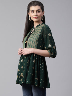 Green & Golden Printed Semi-Sheer Front-Open Kediya Tunic