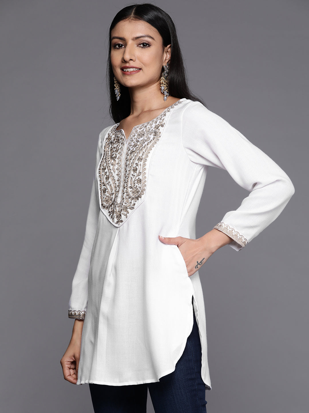 White Pashmina Embroidered Tunic
