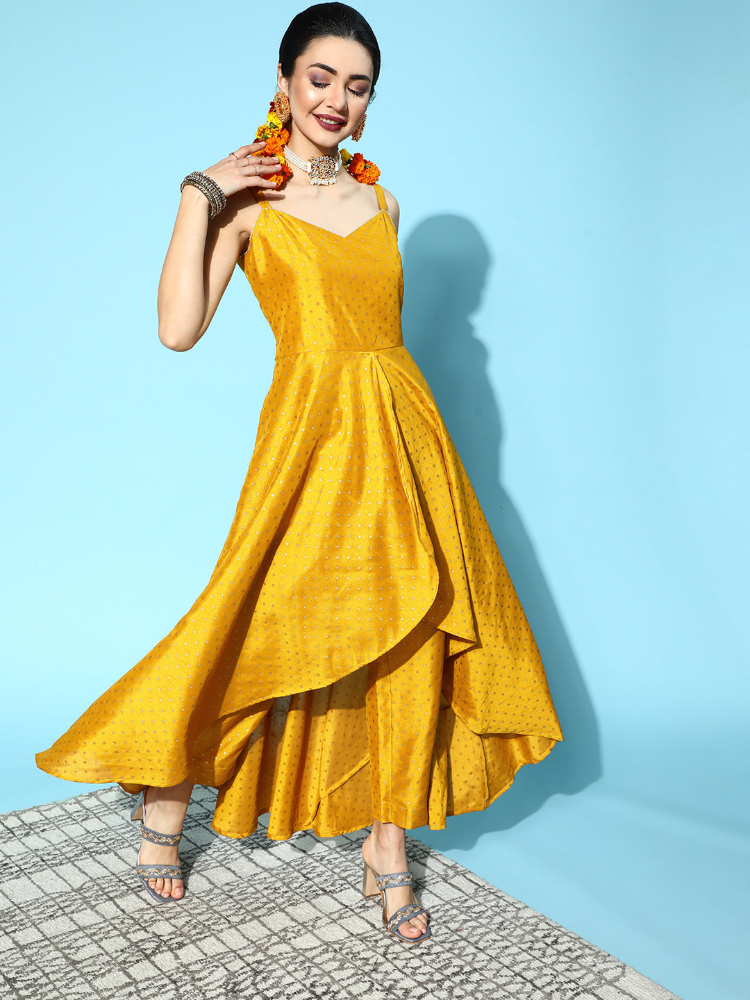Mustard & Gold-Toned Printed Poly Silk Kurta With Trousers