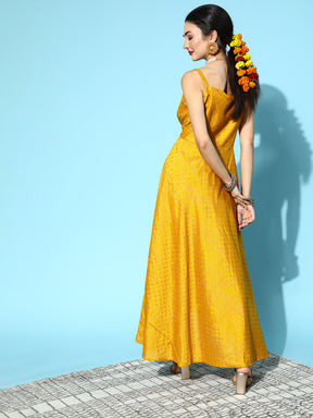 Mustard & Gold-Toned Printed Poly Silk Kurta With Trousers