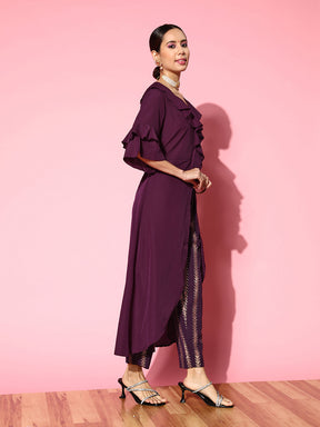 Burgundy Solid Layered Tunic with Striped Trousers Co-Ords Set