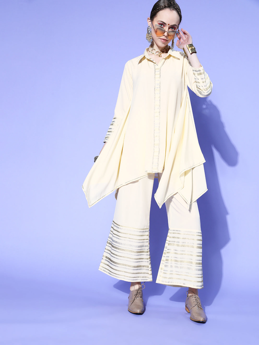 Ahalyaa Women Off White & Golden Solid Top with Palazzos