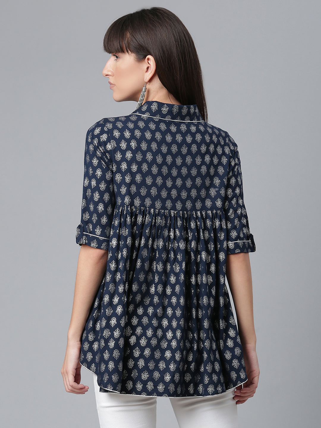 Viscose Rayon Navy Blue Foil Silver Printed Western Tunic