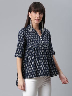 Viscose Rayon Navy Blue Foil Silver Printed Western Tunic