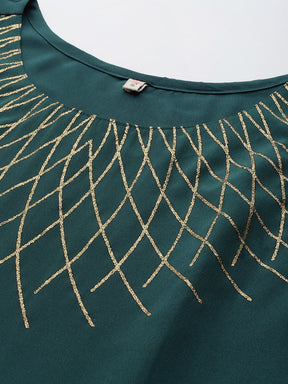 Women's Green Yoke Geometric Printed High Slit Sequined Sharara Set