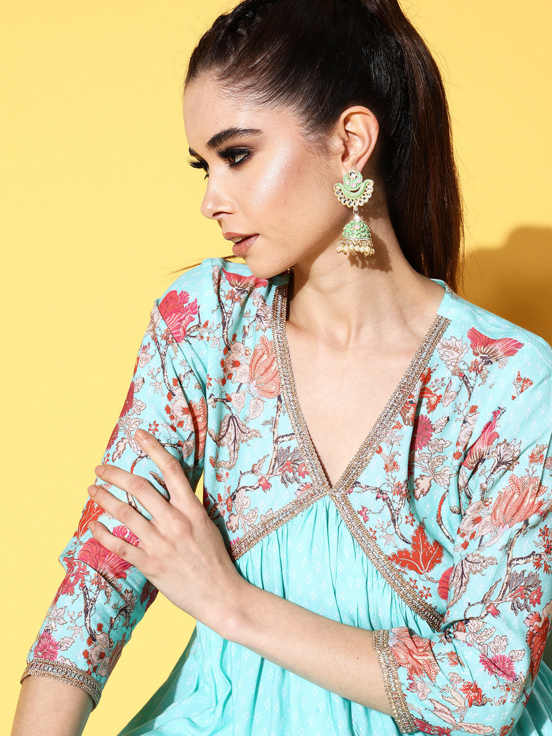 Blue Floral Printed Pleated Kurti with Sharara