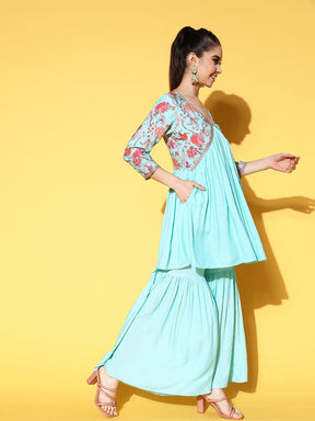 Women's Blue Floral Printed Pleated Sharara Set