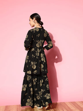 Women's Black Floral Printed Empire Gotta Patti Sharara Set