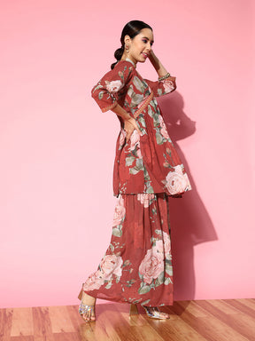 Women's Red Floral Printed Empire Sharara Set
