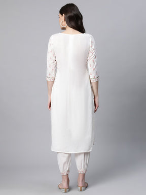 Off White Pure Cotton Printed Floral Kurta With Trousers