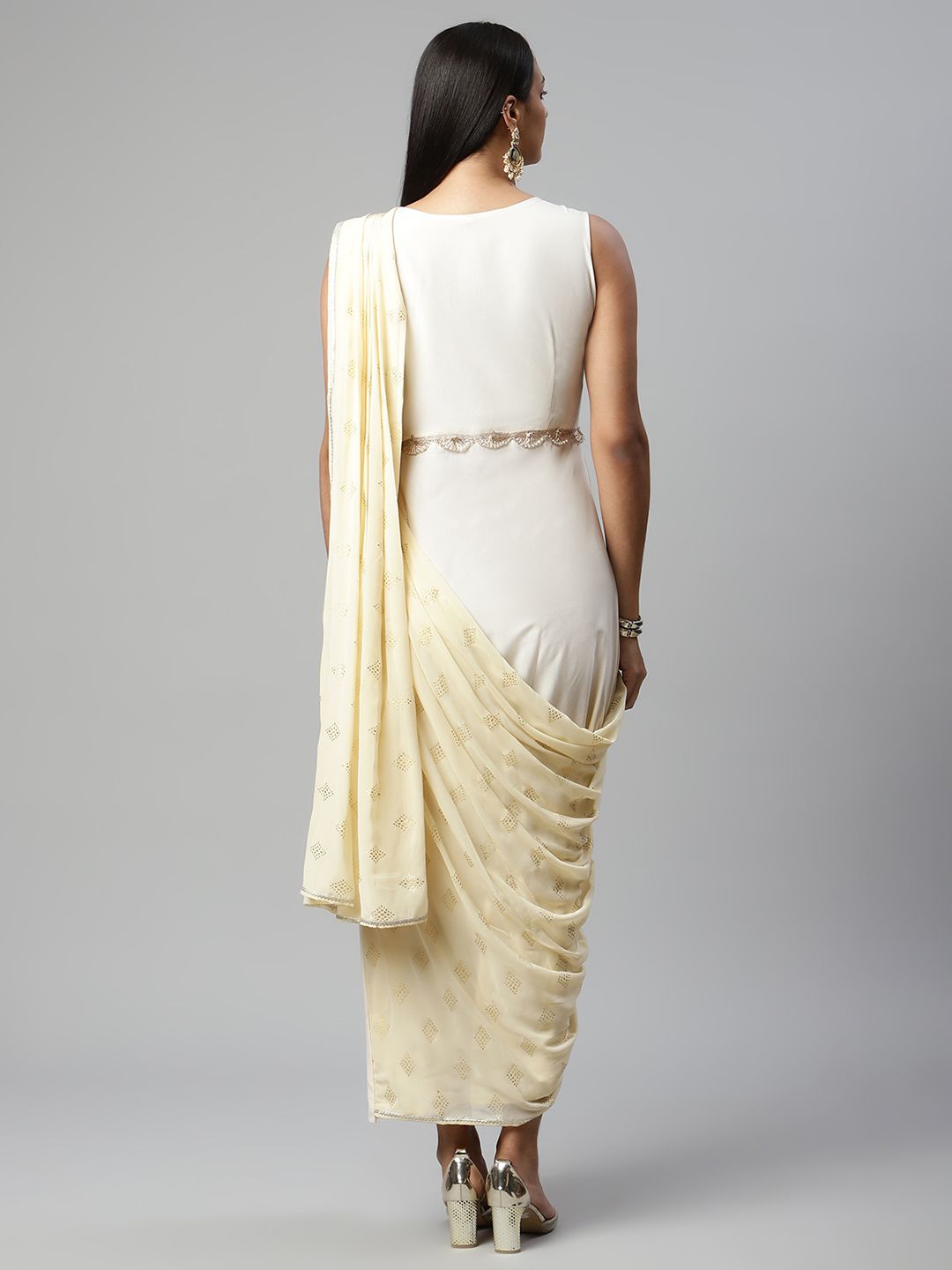 Off White Georgette Saree Dress With Printed Pallu