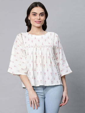 Ahalyaa Women Off White Pure Cotton Floral Printed Tunic