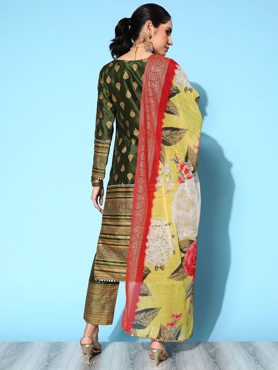 Ahalyaa Women's Olive Colour Poly Silk Gold Printed Kurta Pant Set With Dupatta