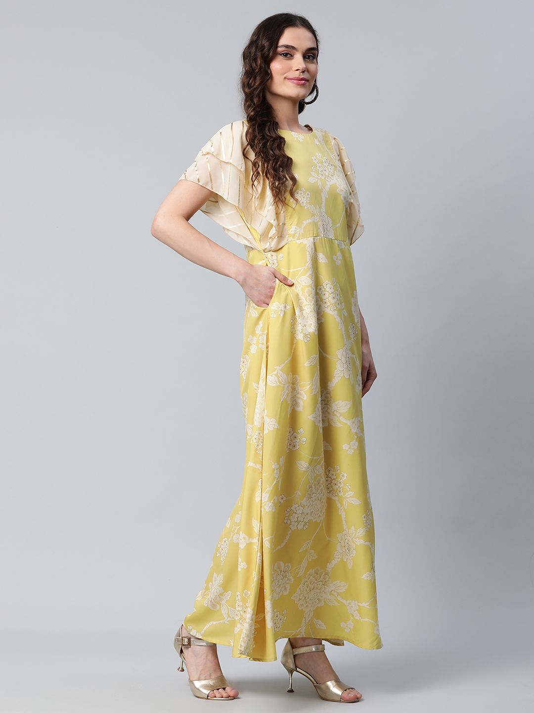 Lemon Yellow Crepe Floral Dress
