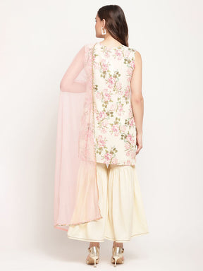 Women's Beige Digital Floral Print Sharara Set with Dupatta