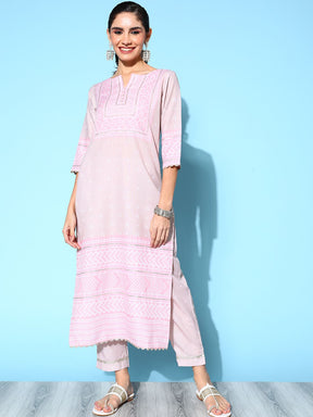 Ahalyaa Women's Beige Cotton Blend Printed Kurta Pant Set