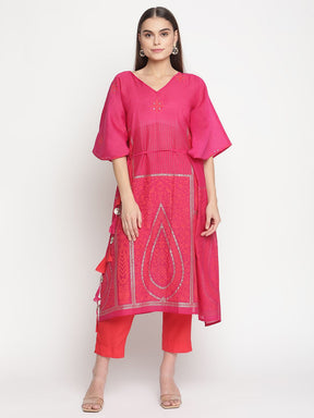 Pink Chanderi Khari Print Kaftan with Trouser