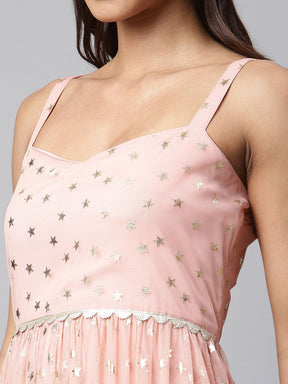 Pink Net Gold Foil Print Dress