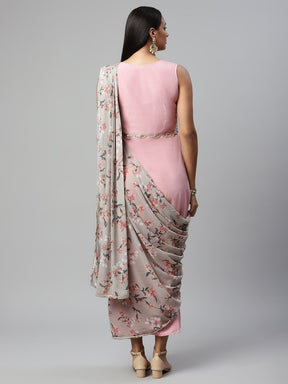 Baby Pink Georgette Saree Dress With Printed Pallu