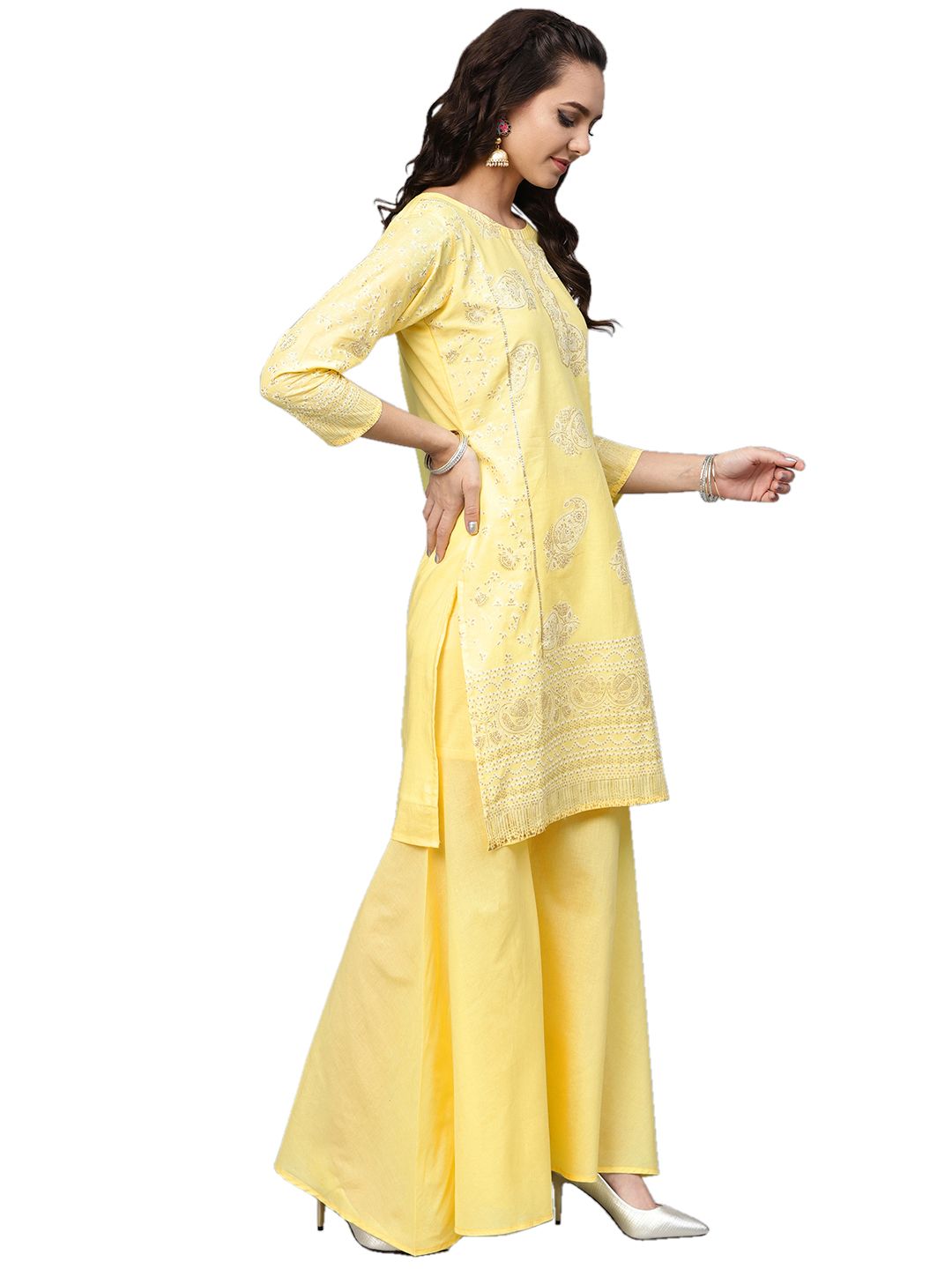 Women's Yellow Glitter Print Sharara Set With Dupatta