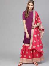 Women's Purple Poly Silk Solid Red Printed Sharara Set With Dupatta