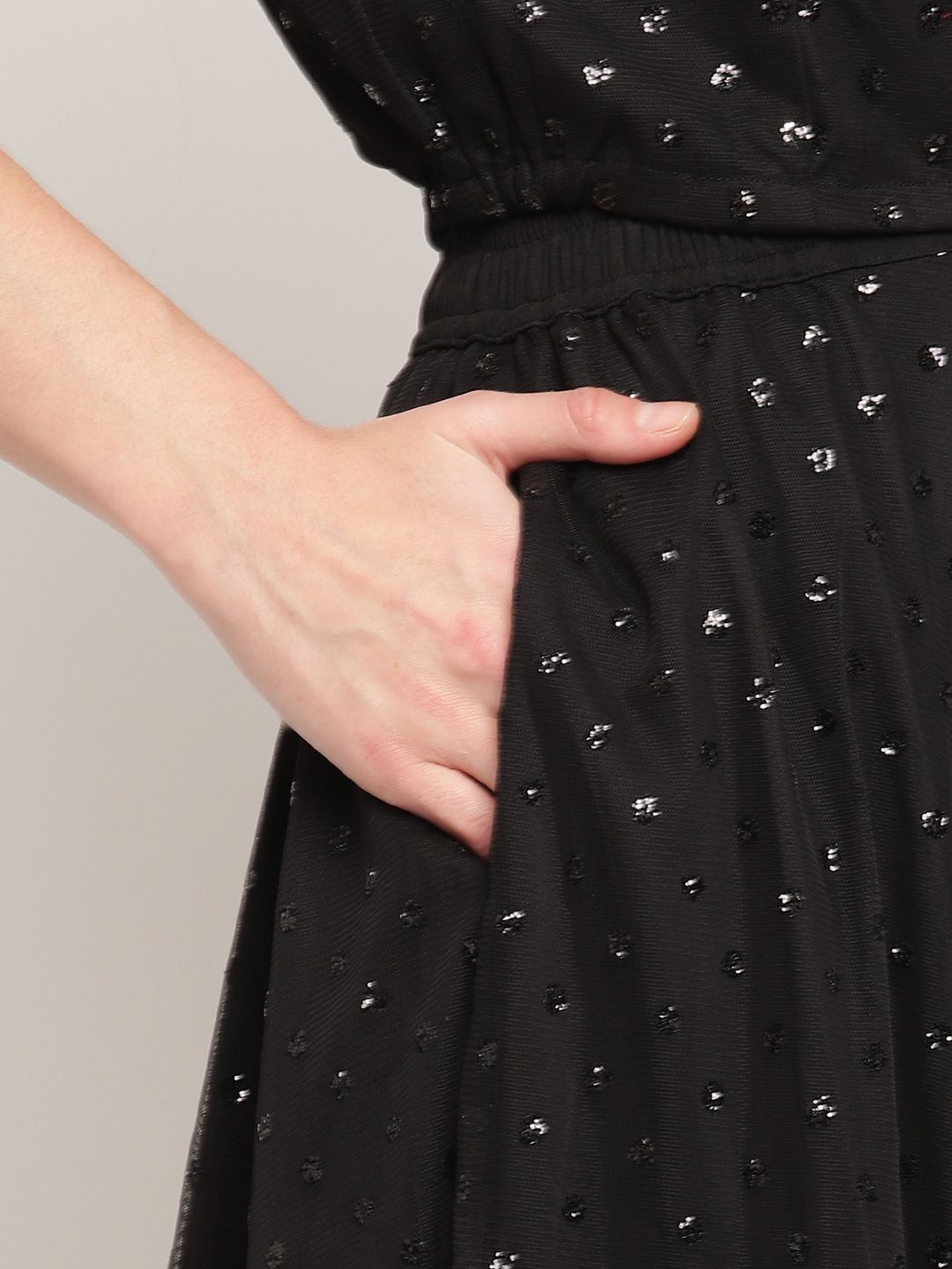 Black Net Glitter Print Top Skirt Set With Dupatta
