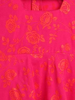 Pink Crepe Floral Printed Girls Kurta with Jacket