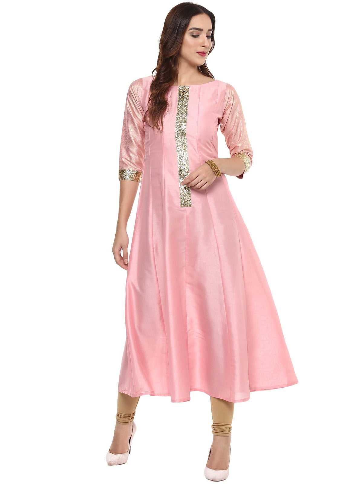 Pink Poly Silk Gold Foil Print Kurta