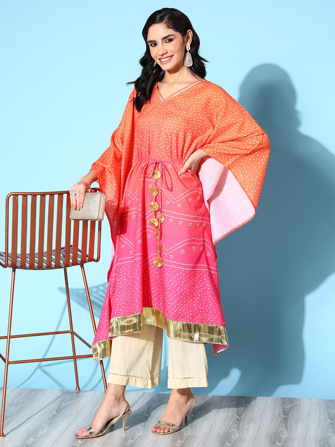 Ahalyaa Women's Orange Cotton Blend Printed Kaftan Kurta