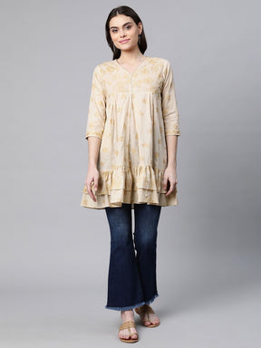 Beige & Gold Cotton Printed Tunic