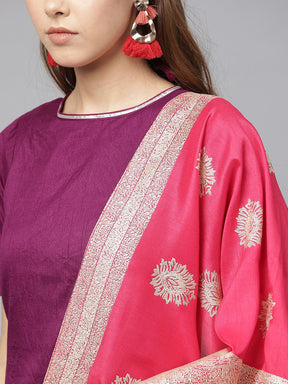 Women's Purple Poly Silk Solid Red Printed Sharara Set With Dupatta