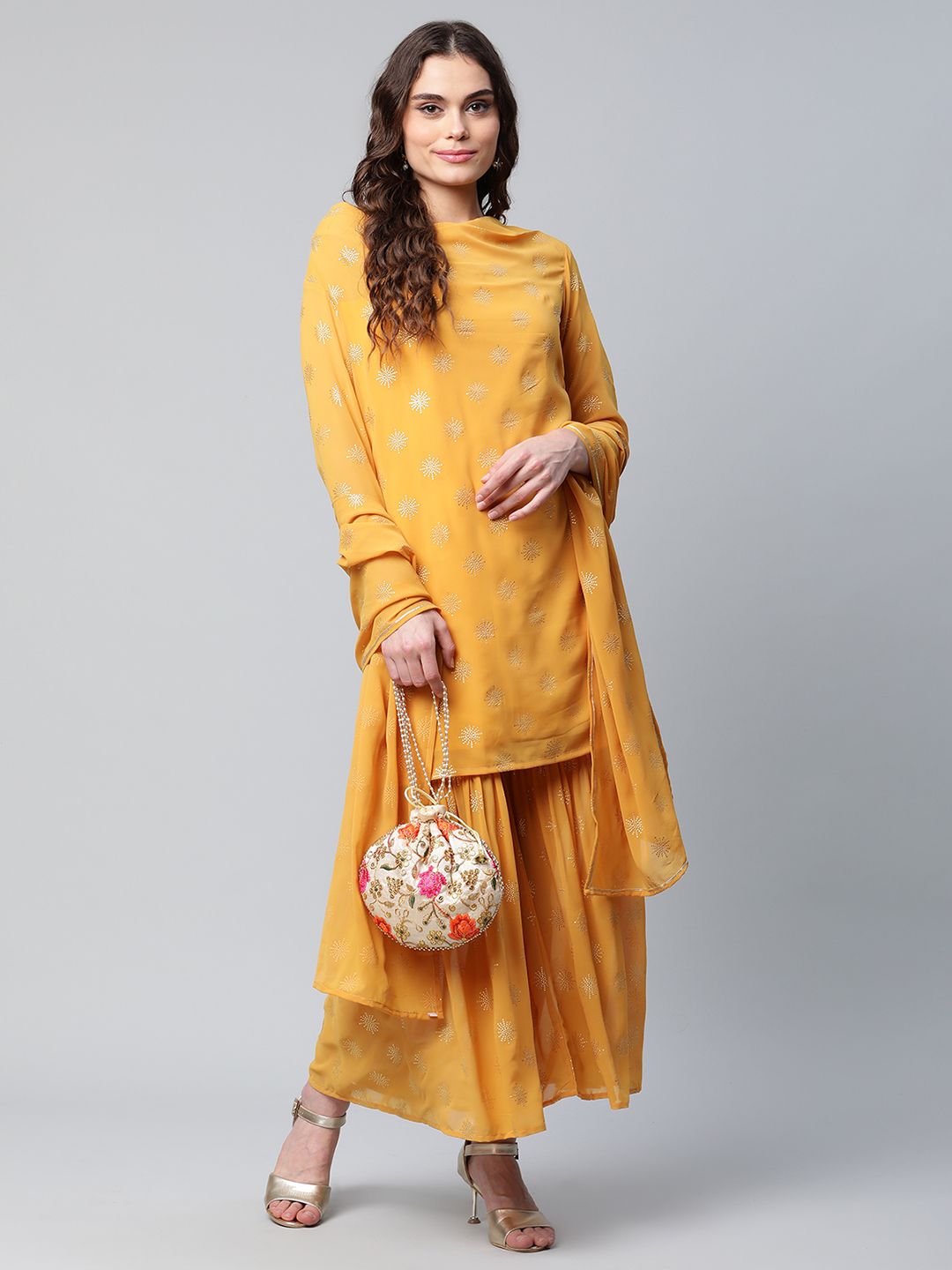 Women's Mustard Yellow Georgette Printed Sharara Set With Dupatta